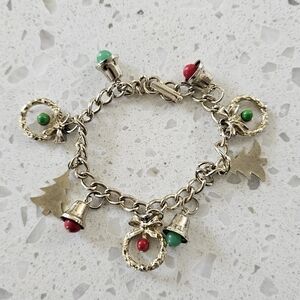 Vintage Festive Gold-Tone Charm Bracelet w/ Bells, Trees, and Wreaths